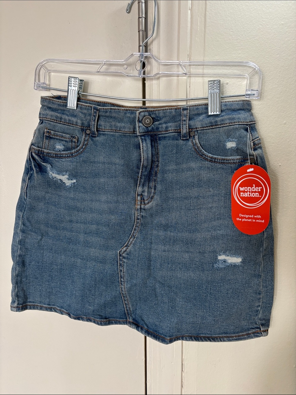 wonder nation distressed blue denim mini skirt